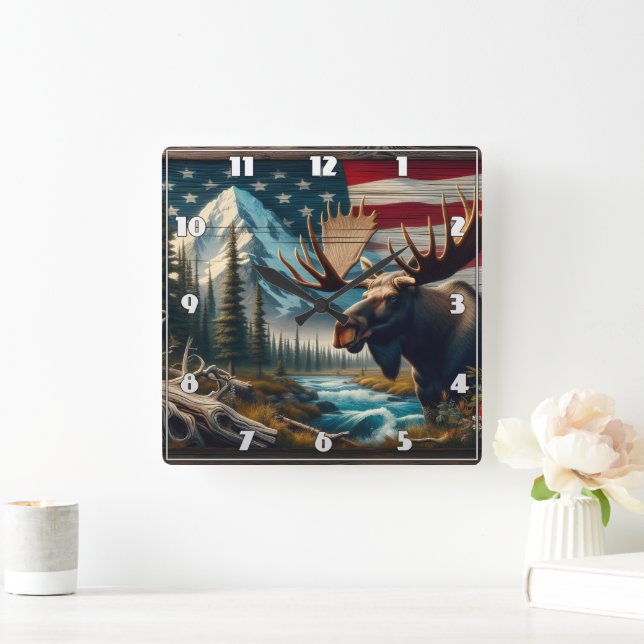 Moose Near River With Mountains and Flag Square Wall Clock (Home)