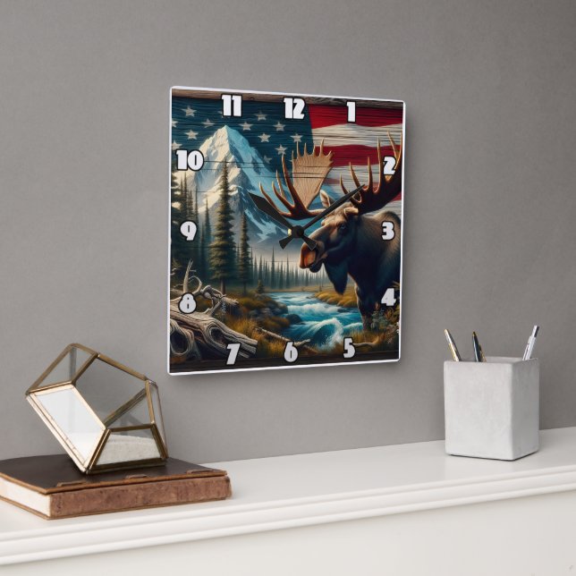 Moose Near River With Mountains and Flag Square Wall Clock (Office)
