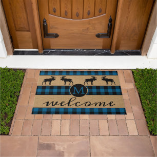 Moose On Blue Black Buffalo Check Plaid Pattern Doormat