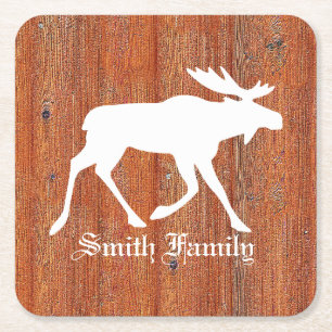 Moose on Weathered Pine Square Paper Coaster