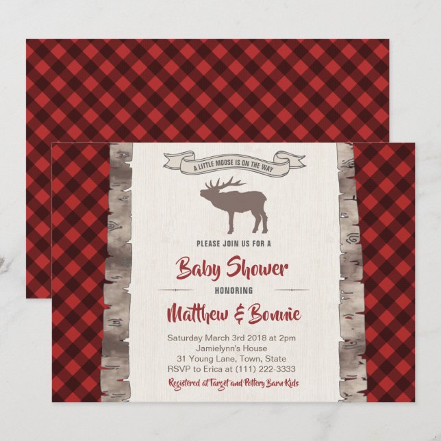 Moose or Elk Wilderness Plaid Baby Shower Invitation (Front/Back)
