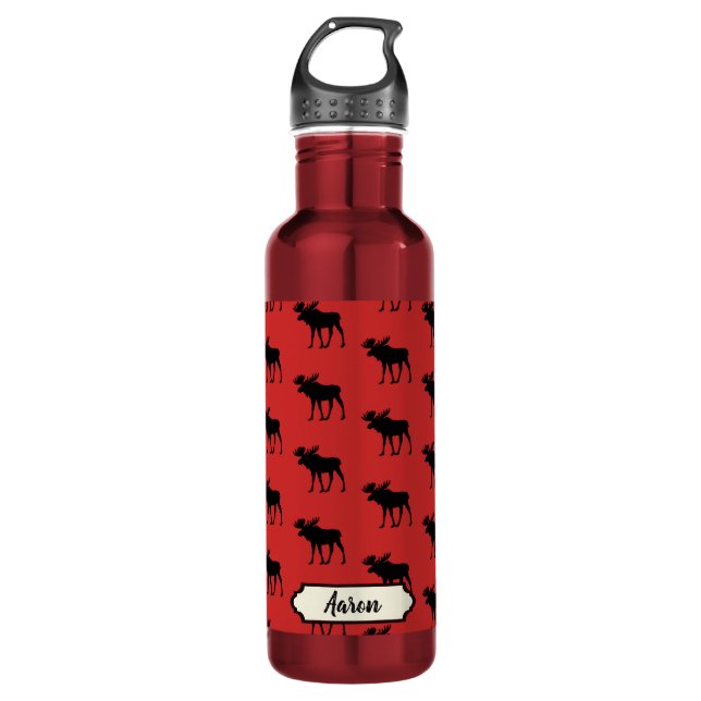 Moose Pattern Plaid Red and Black Stainless Steel Water Bottle (Front)
