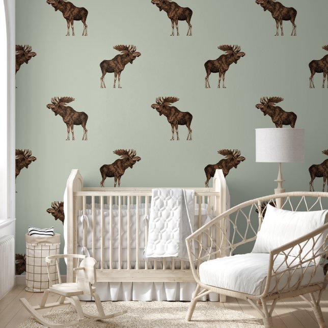 Moose Pattern Sage Green Man Cave Wallpaper (Kids)