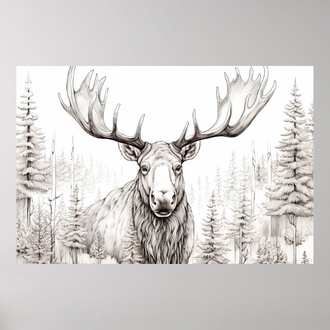 Moose Peaceful Nature Prairie Sketch Drawing Style Poster (Front)