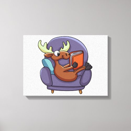Moose reading a book on a sofa  choose back color canvas print