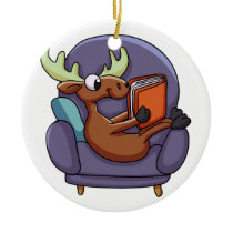 Moose reading a book on a sofa | choose back color ceramic ornament
