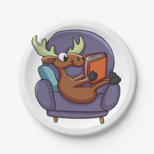 Moose reading a book on a sofa choose back color paper plates