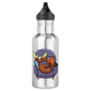 Moose reading a book on a sofa choose back color stainless steel water bottle