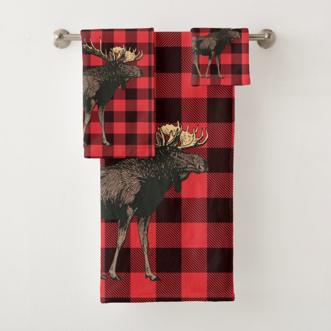 Moose Red Black Plaid Pattern Bath Towel Set (Insitu)