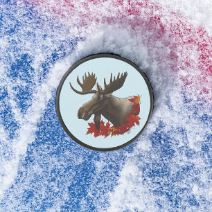 Moose Red Maple Leaves Hockey Puck