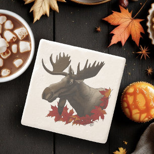 Moose Red Maple Leaves Stone Coaster