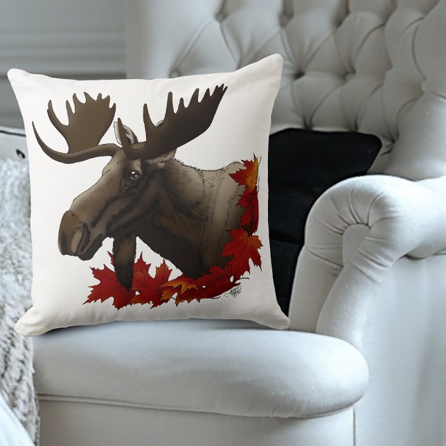 Moose Red Maple Leaves Throw Pillow (Creator Uploaded)