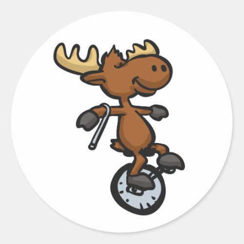 Moose riding unicycle  choose background color classic round sticker