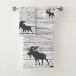 Moose Silhouette Gray Wood Pattern Bath  Bath Towel Set