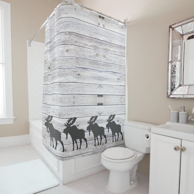 Moose Silhouette Gray Wood Pattern Bath  Shower Curtain (In Situ)