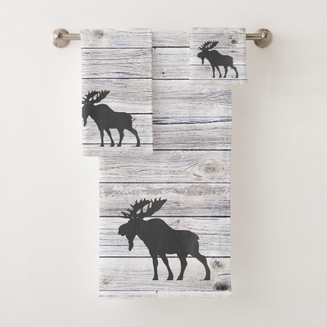 Moose Silhouette Gray Wood Pattern Bath  Towel Set (Insitu)