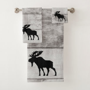 Moose Silhouette Gray Wood Pattern Bath Towel Set