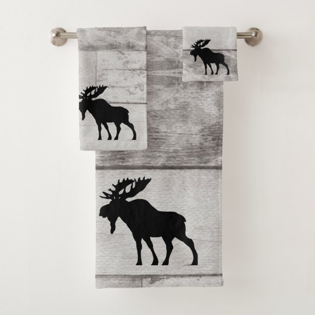 Moose Silhouette Gray Wood Pattern Bath Towel Set (Insitu)