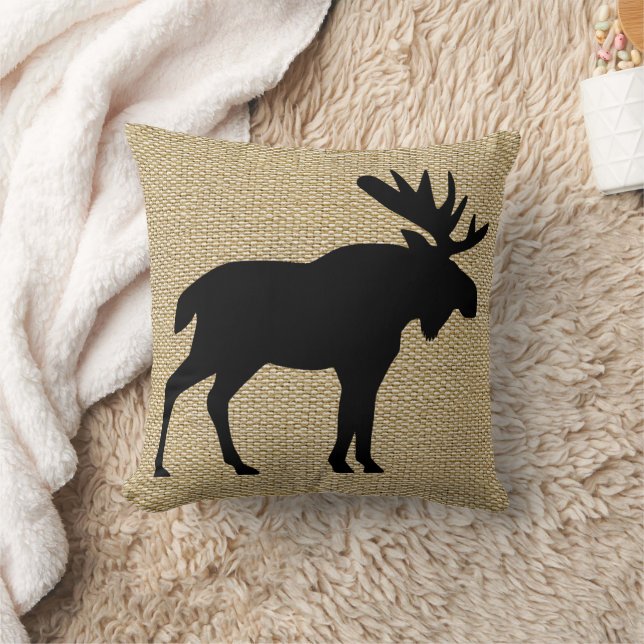 Moose Silhouette On Faux Burlap Texture Pattern Throw Pillow (Blanket)