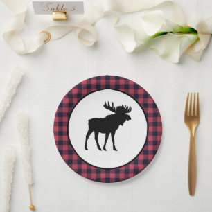 Moose Silhouette Plaid Wilderness Mountain Paper Plates