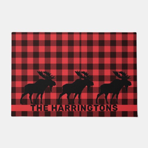 Moose Silhouette Red Black Plaid Family Name Doormat