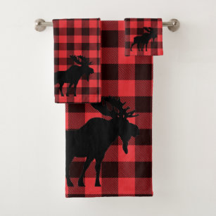 Moose Silhouette Red Black Plaid Pattern Bath Towel Set