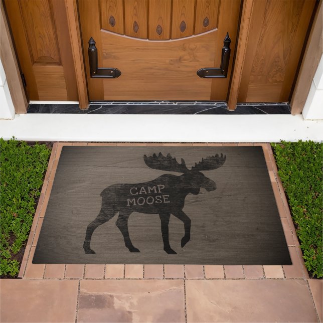 Moose Silhouette Rustic Faux Wood Personalized Doormat (Outdoor)