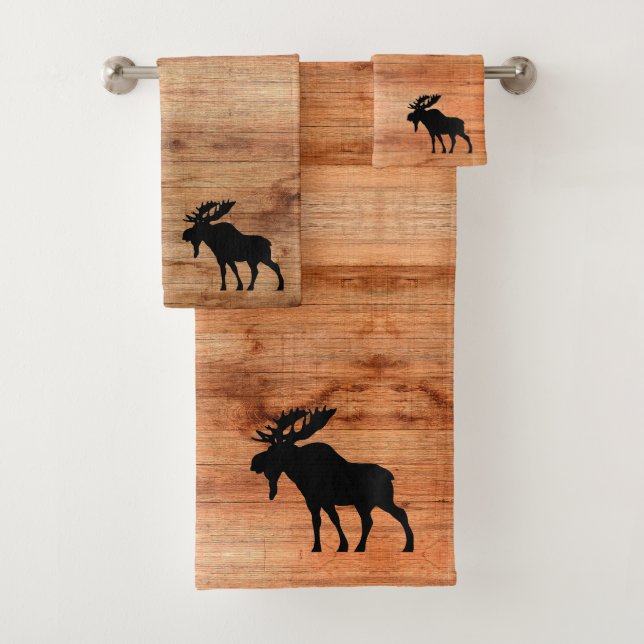 Moose Silhouette Wood Pattern Bath Towel Set (Insitu)