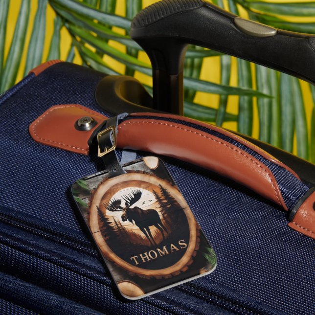 Moose Silhouette Wood Sign Luggage Tag (Front Insitu 1)