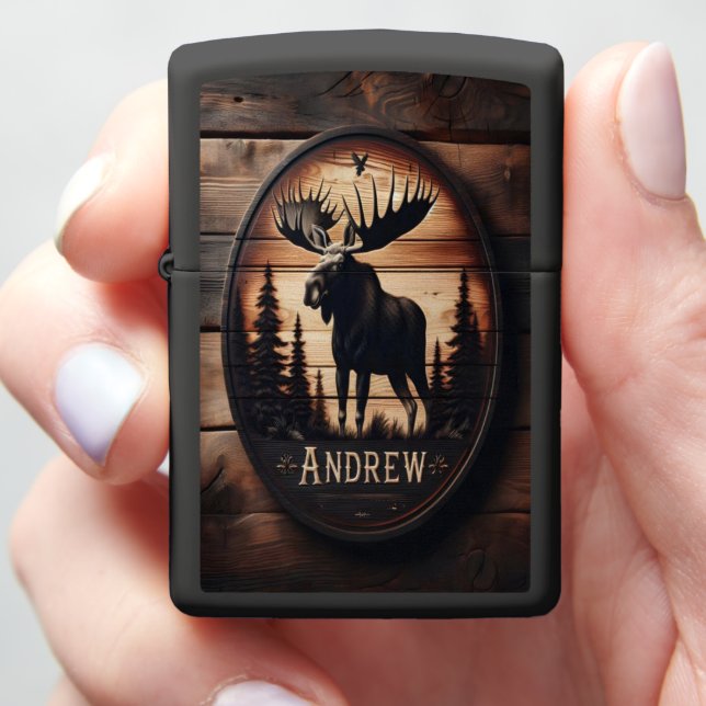 Moose Silhouette Wooden Sign Zippo Lighter (In Hand)
