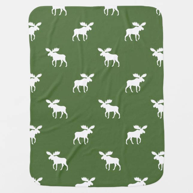 Moose Silhouettes Pattern Green and White Receiving Blanket (Front)