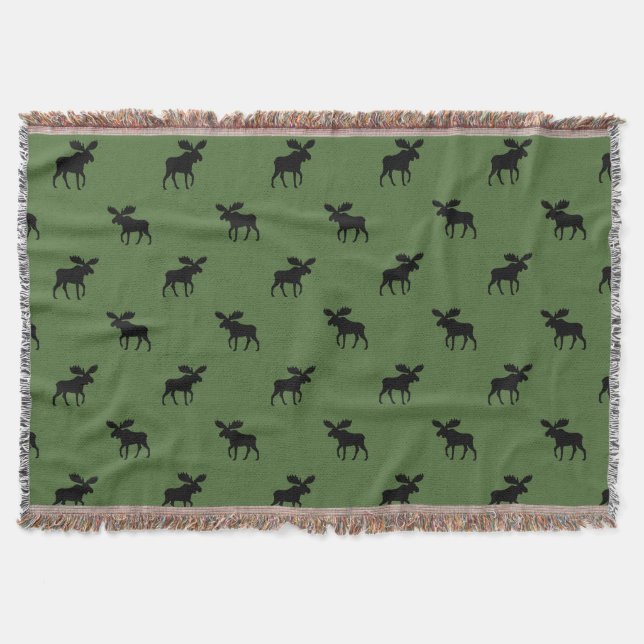 Moose Silhouettes Pattern | Wildlife Country Green Throw Blanket (Front)