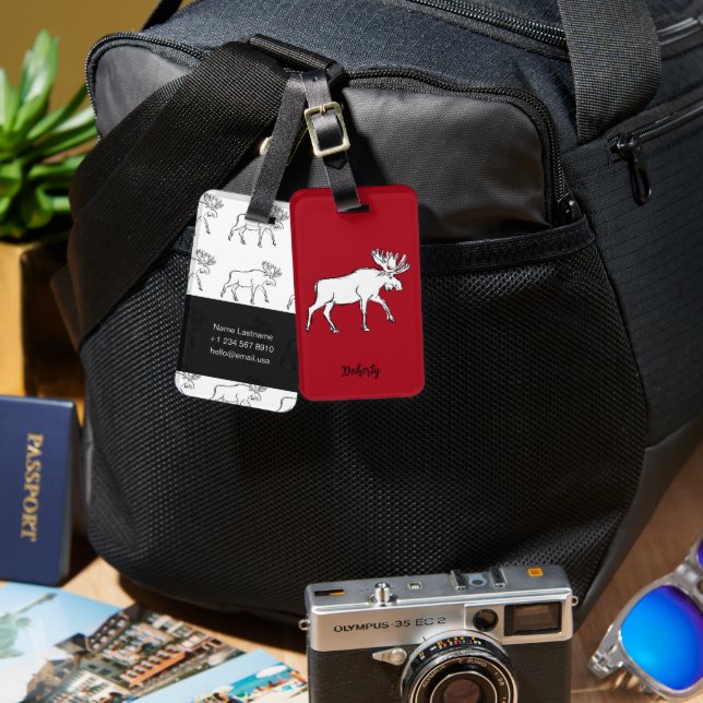 Moose Sketch with Red Background Luggage Tag (Front & Back)