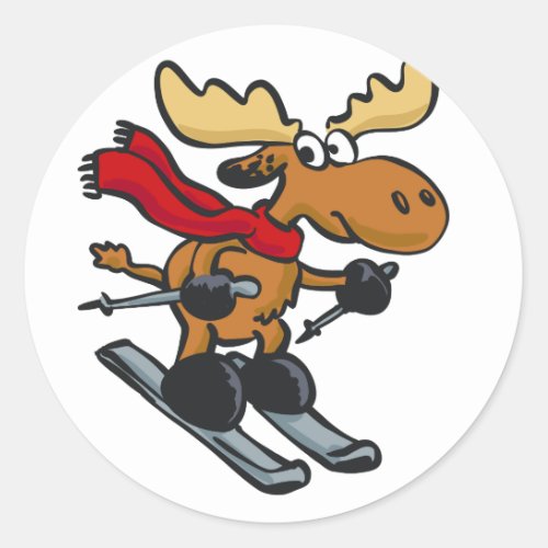 Moose skier cartoon  choose background color classic round sticker
