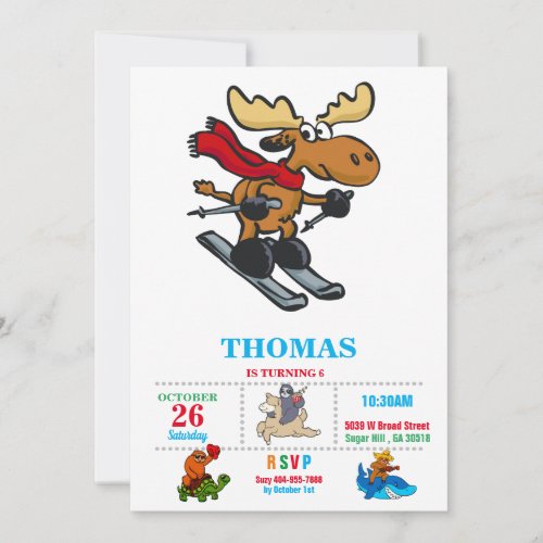 Moose skier cartoon  choose background color invitation