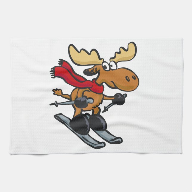 Moose skier cartoon | choose background color kitchen towel (Horizontal)