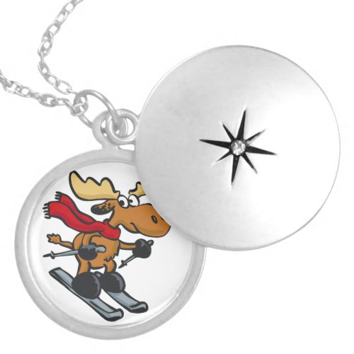 Moose skier cartoon  choose background color locket necklace