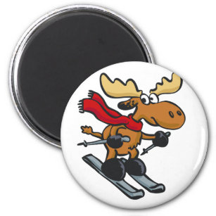 Moose skier cartoon   choose background color magnet