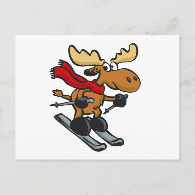 Moose skier cartoon | choose background color postcard (Front)