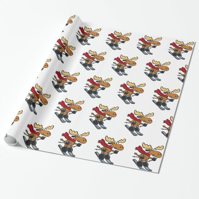 Moose skier cartoon | choose background color wrapping paper (Unrolled)
