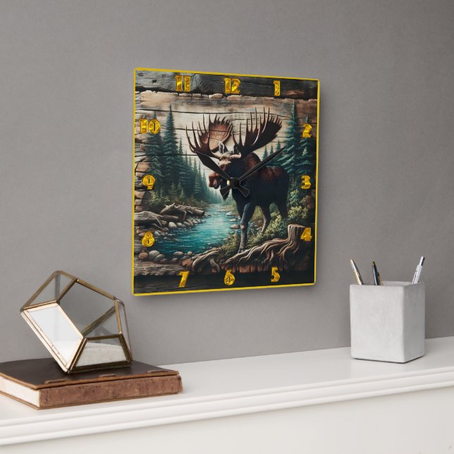 Moose Standing by a Stream in a Forest Setting Square Wall Clock (Office)