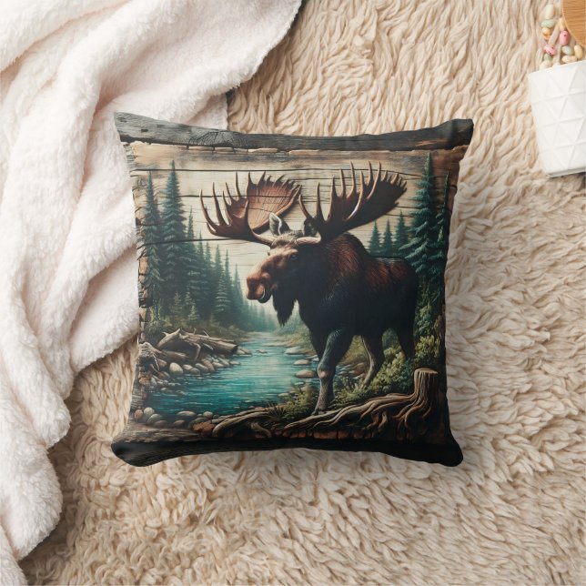 Moose Standing by a Stream in a Forest Setting Throw Pillow (Blanket)