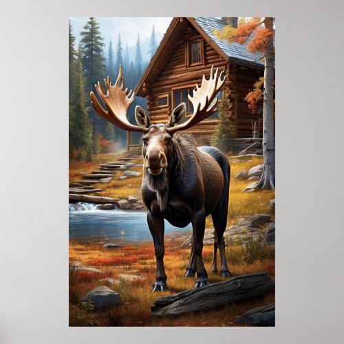 MOOSE Stream Nature  Cabin Forest AP49 Poster