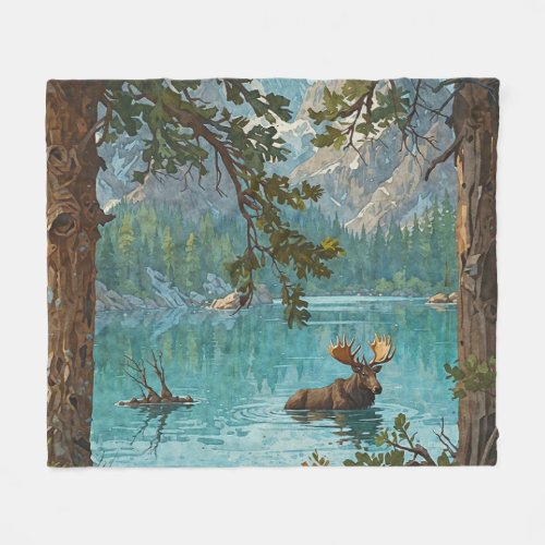 Moose Swims in a Mountain Lake Fleece Blanket