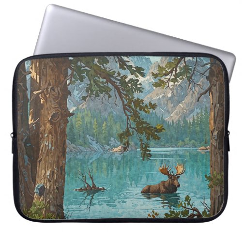 Moose Swims in a Mountain Lake Laptop Sleeve