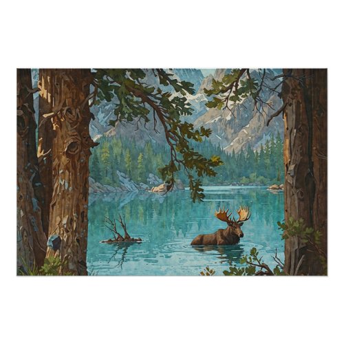 Moose Swims in a Mountain Lake Poster