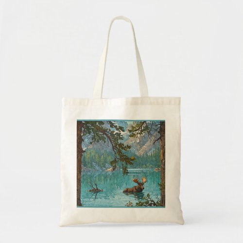 Moose Swims in a Mountain Lake Tote Bag