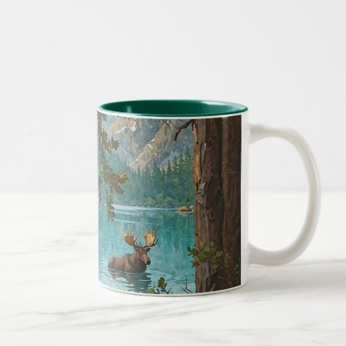 Moose Swims in a Mountain Lake Two_Tone Coffee Mug