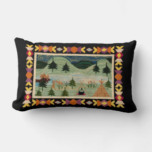 Moose, Teepee, Camp Fire, Mountains, Pine Trees Lumbar Pillow