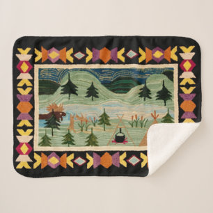 Moose, Teepee, Camp Fire, Mountains, Pine Trees  Sherpa Blanket